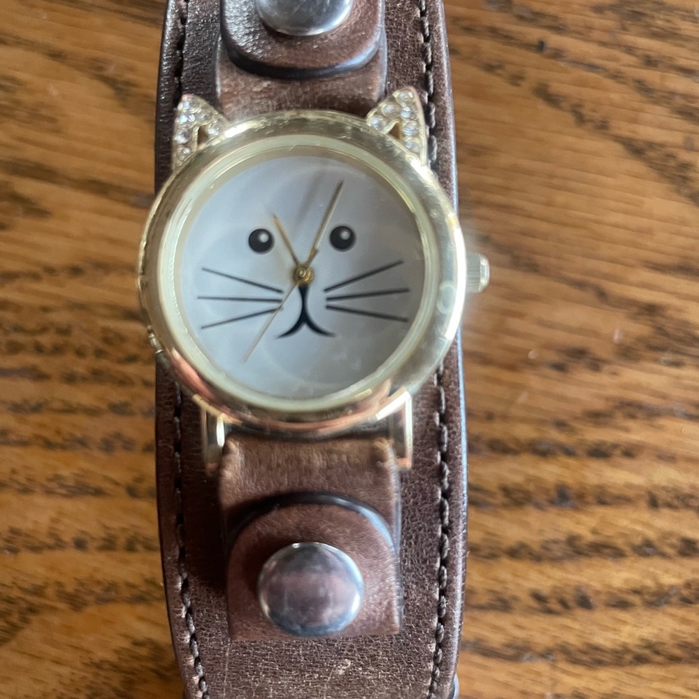 Cat Face Watch with Brown Leather Band